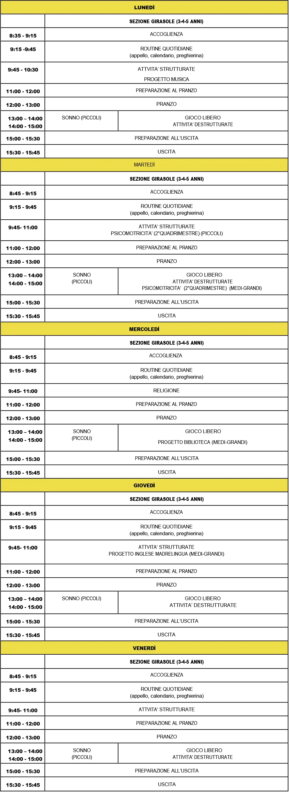 Quadro orario settimanale - Scuola infanzia - Scuola Betlem Abbiategrasso