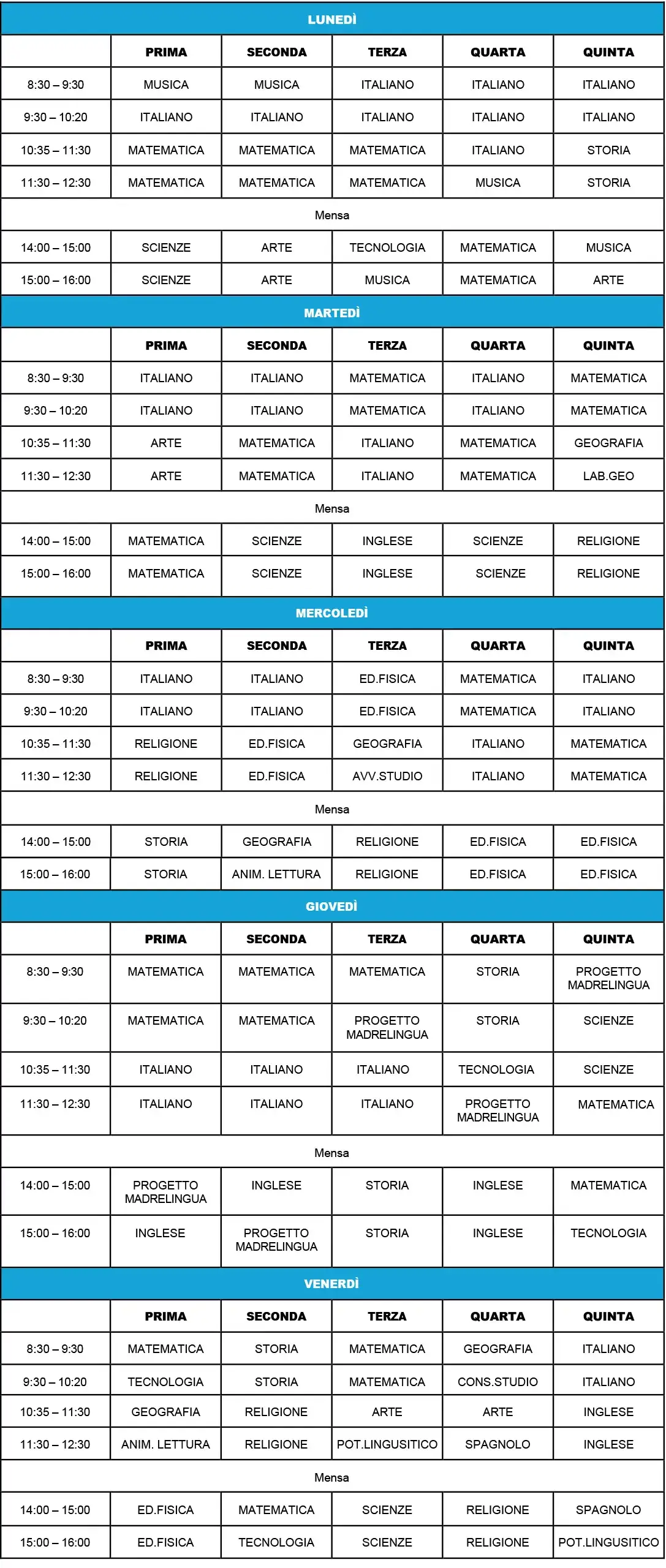 Quadro orario settimanale - Scuola primaria - Scuola Betlem Abbiategrasso